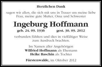 Traueranzeige von Ingeburg Hoffmann von Märkische Oderzeitung