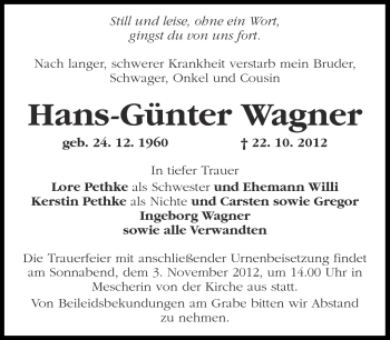 Traueranzeige von Hans-Günter Wagner von Märkische Oderzeitung