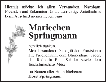 Traueranzeige von Mariechen Springmann von Märkische Oderzeitung