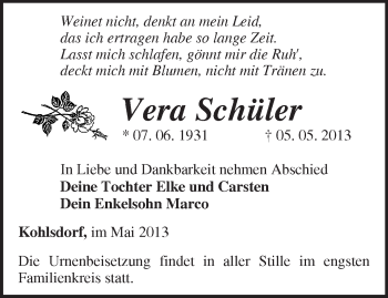 Traueranzeige von Vera Schüler von Märkische Oderzeitung