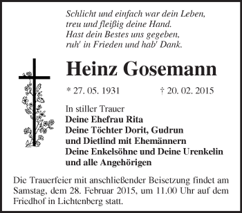 Traueranzeige von Heinz Gosemann von Märkische Oderzeitung