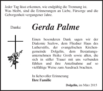 Traueranzeige von  Gerda Palme von Märkische Oderzeitung