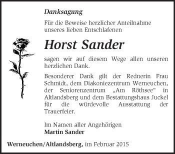 Traueranzeige von Horst Sander von Märkische Oderzeitung