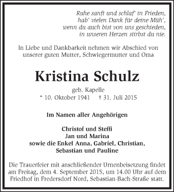 Traueranzeige von Kristina Schulz von Märkische Oderzeitung