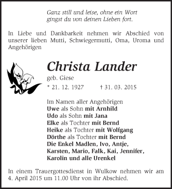 Traueranzeige von Christa Lander von Märkische Oderzeitung