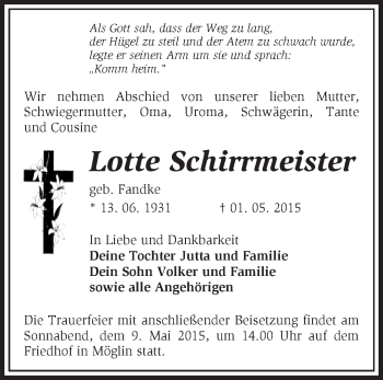 Traueranzeige von Lotte Schirrmeister von Märkische Oderzeitung