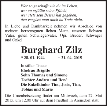 Traueranzeige von Burghard Zilz von Märkische Oderzeitung