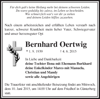 Traueranzeige von Bernhard Oertwig von Märkische Oderzeitung