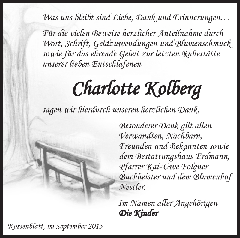  Traueranzeige für Charlotte Kolberg vom 09.09.2015 aus Märkische Oderzeitung