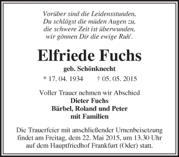 Traueranzeige von Elfriede Fuchs von Märkische Oderzeitung