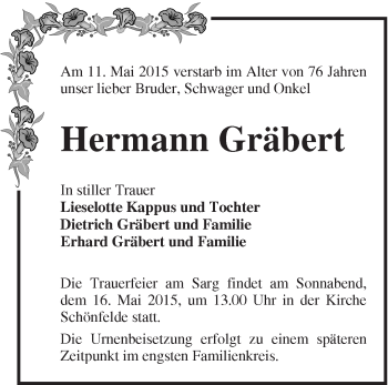 Traueranzeige von Hermann Gräbert von Märkische Oderzeitung