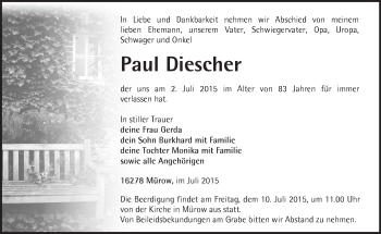 Traueranzeige von Paul Diescher von Märkische Oderzeitung