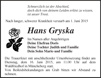 Traueranzeige von Hans Gryska von Märkische Oderzeitung