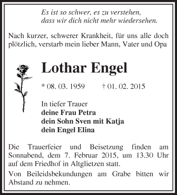 Traueranzeige von Lothar Engel von Märkische Oderzeitung