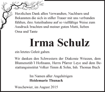 Traueranzeige von Irma Schulz von Märkische Oderzeitung