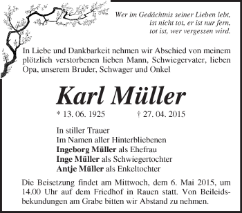 Traueranzeige von Karl Müller von Märkische Oderzeitung