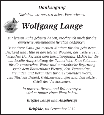 Traueranzeige von Wolfgang Lange von Märkische Oderzeitung