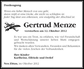 Traueranzeige von Gertrud Menze von Märkische Oderzeitung