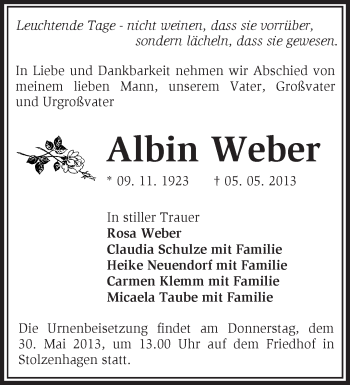 Traueranzeige von Albin Weber von Märkische Oderzeitung