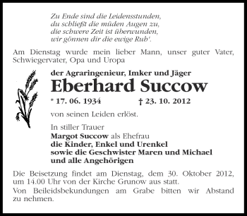 Traueranzeige von Eberhard Succow von Märkische Oderzeitung