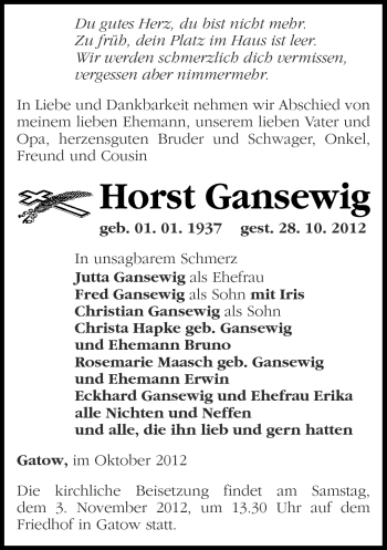 Traueranzeige von Horst Gansewig von Märkische Oderzeitung