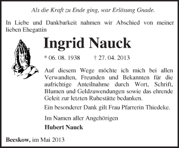 Traueranzeige von Lieselotte Dähn von Märkische Oderzeitung