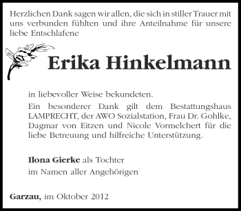 Traueranzeige von Erika Hinkelmann von Märkische Oderzeitung