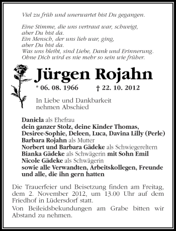 Traueranzeige von Jürgen Rojahn von Märkische Oderzeitung