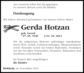 Traueranzeige von Gerda Hotzan von Märkische Oderzeitung