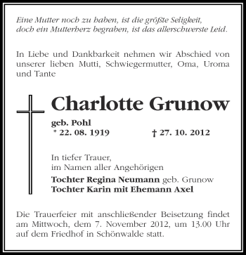 Traueranzeige von Charlotte Grunow von Märkische Oderzeitung