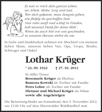 Traueranzeige von Lothar Krüger von Märkische Oderzeitung