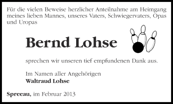 Traueranzeige von Bernd Lohse von Märkische Oderzeitung