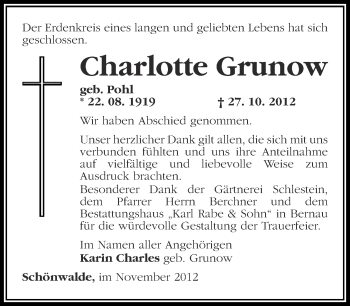 Traueranzeige von Charlotte Grunow von Märkische Oderzeitung