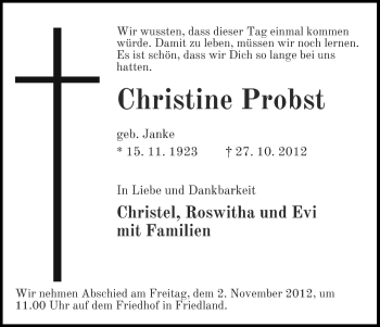 Traueranzeige von Christine Probst von Märkische Oderzeitung