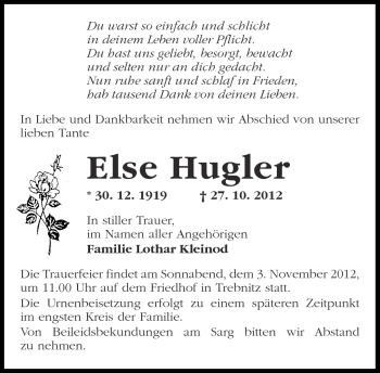 Traueranzeige von Else Hugler von Märkische Oderzeitung