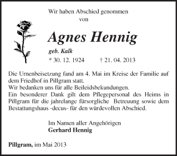 Traueranzeige von Agnes Hennig von Märkische Oderzeitung