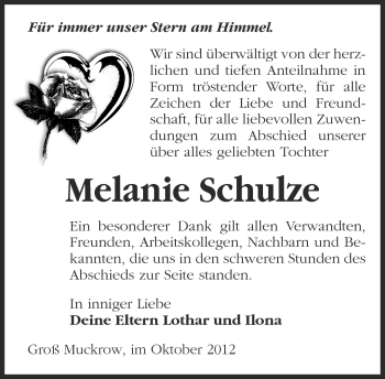 Traueranzeige von Melanie Schulze von Märkische Oderzeitung