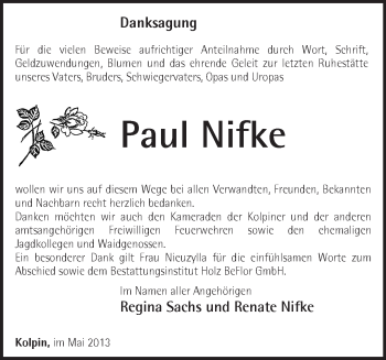 Traueranzeige von Paul Nifke von Märkische Oderzeitung