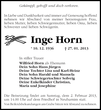 Traueranzeige von Inge Horn von Märkische Oderzeitung