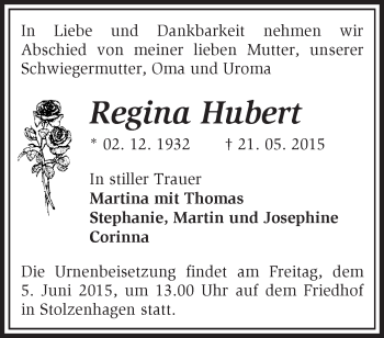 Traueranzeige von Regina Hubert von Märkische Oderzeitung