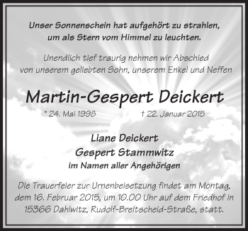 Traueranzeige von Martin-Gespert Deickert von Märkische Oderzeitung