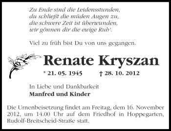 Traueranzeige von Renate Kryszan von Märkische Oderzeitung