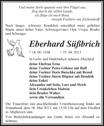 Traueranzeige von Eberhard Süßbrich von Märkische Oderzeitung