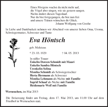 Traueranzeige von Eva Höntsch von Märkische Oderzeitung