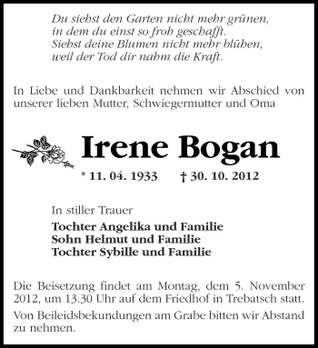 Traueranzeige von Irene Bogan von Märkische Oderzeitung