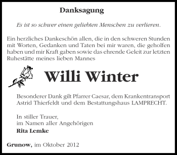 Traueranzeige von Willi Winter von Märkische Oderzeitung