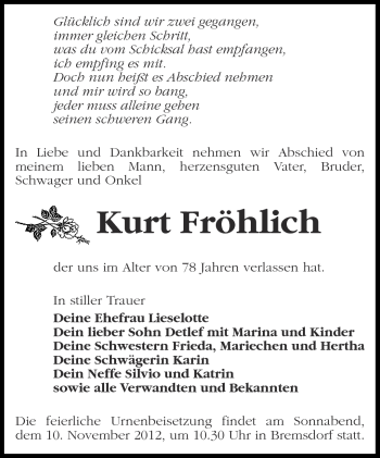 Traueranzeige von Kurt Fröhlich von Märkische Oderzeitung