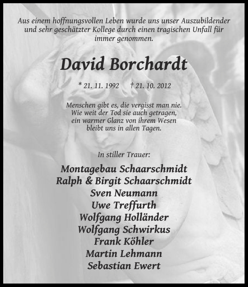  Traueranzeige für David Borchardt vom 03.11.2012 aus Märkische Oderzeitung