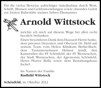 Traueranzeige von Arnold Wittstock von Märkische Oderzeitung