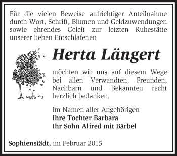 Traueranzeige von Herta Längert von Märkische Oderzeitung